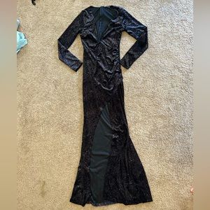 Fashion Nova Black Velvet Sparkle Maxidress with Slit & Deep V